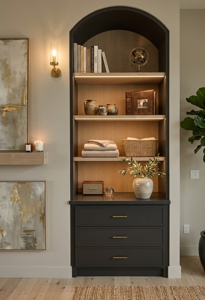 Custom arched built-in shelving and cabinetry