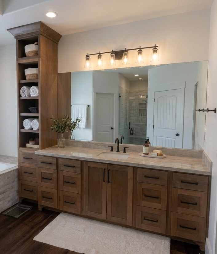 Custom bathroom vanity with wood cabinets and open shelving