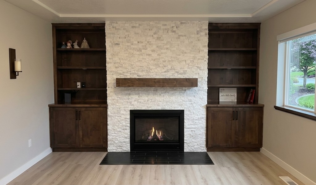Living room fireplace with flanking built-ins