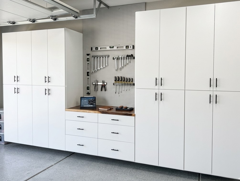 Custom garage storage cabinets and workbench