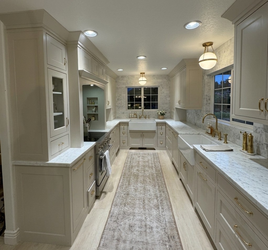 Custom kitchen cabinets with marble and brass accents